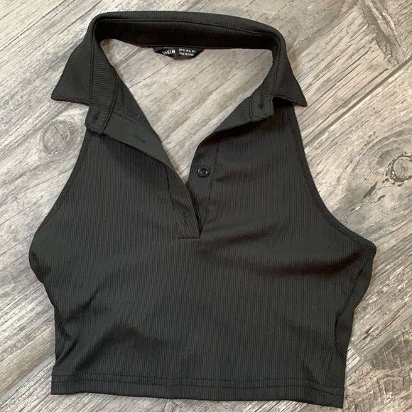 Shein black collared halter top front buttons ribbed material size x small - Picture 2 of 7